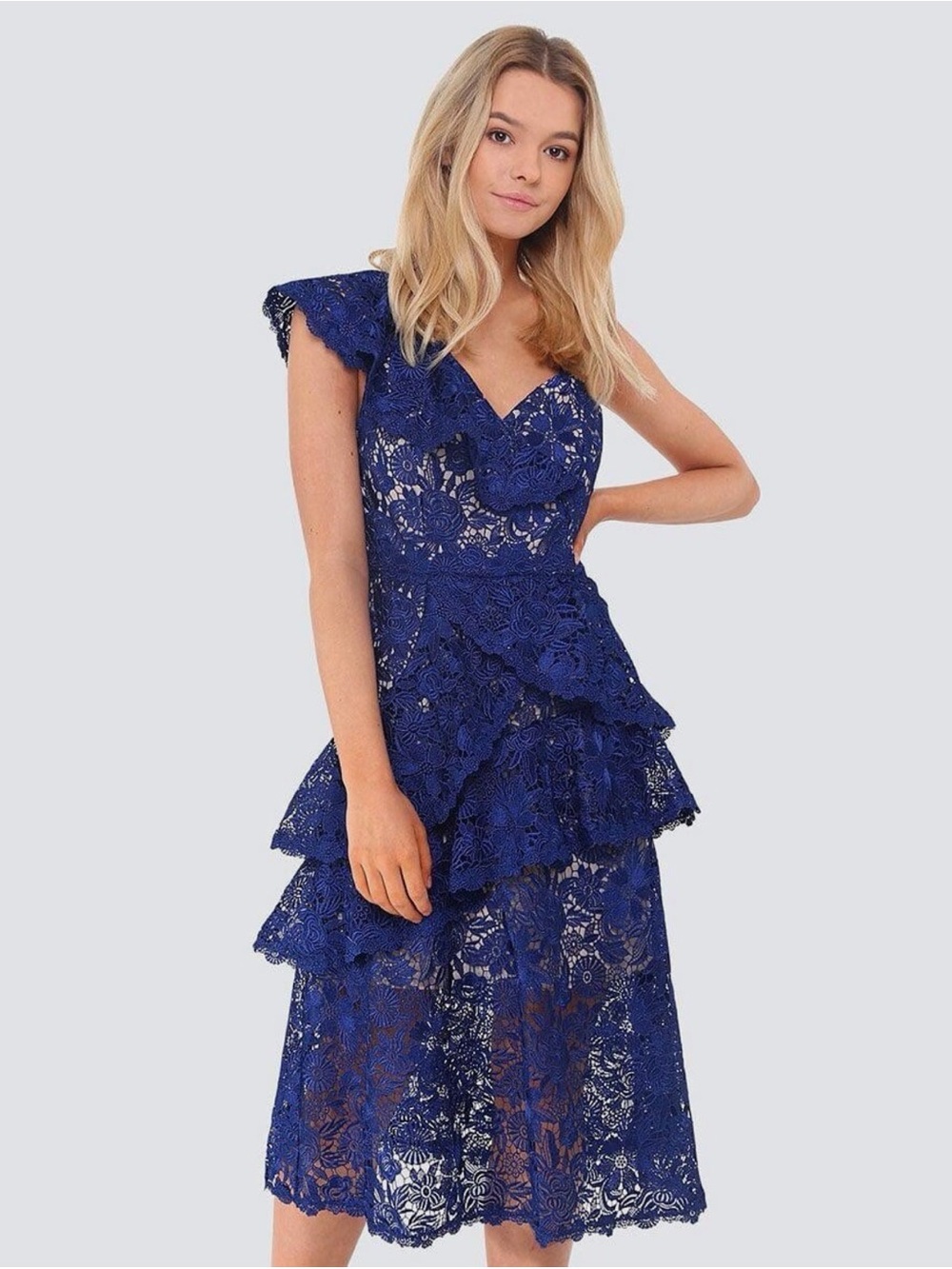 Alice + Olivia Navy Floral Lace Midi Dress